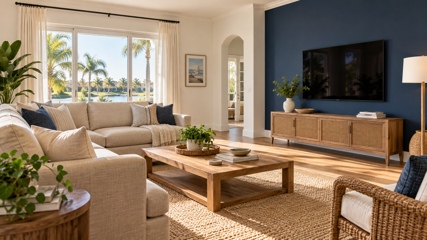 Interior inspiration: warm white living room with a navy accent wall